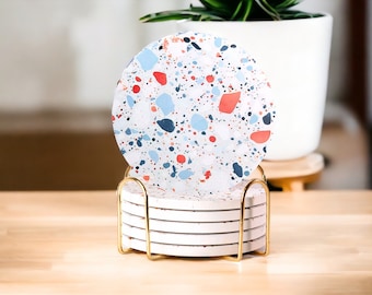 Terrazzo Ceramic Coasters Set With Holder, Absorbent Coasters, Terrazzo Printed Coasters Set of 6 with Holder & Cork-based Coasters (blue)