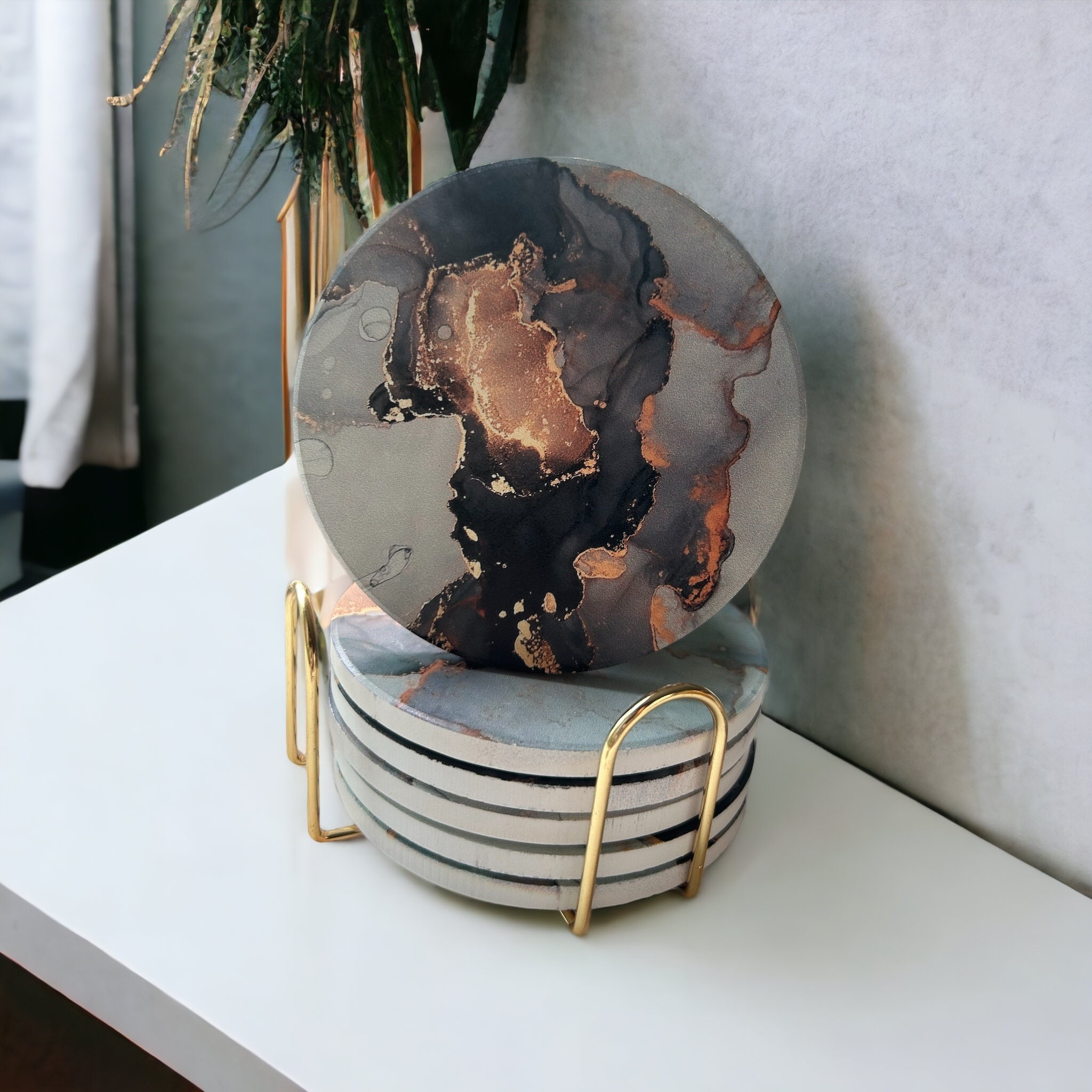 Marble Ceramic Coasters Set of 6 with Gold Holder