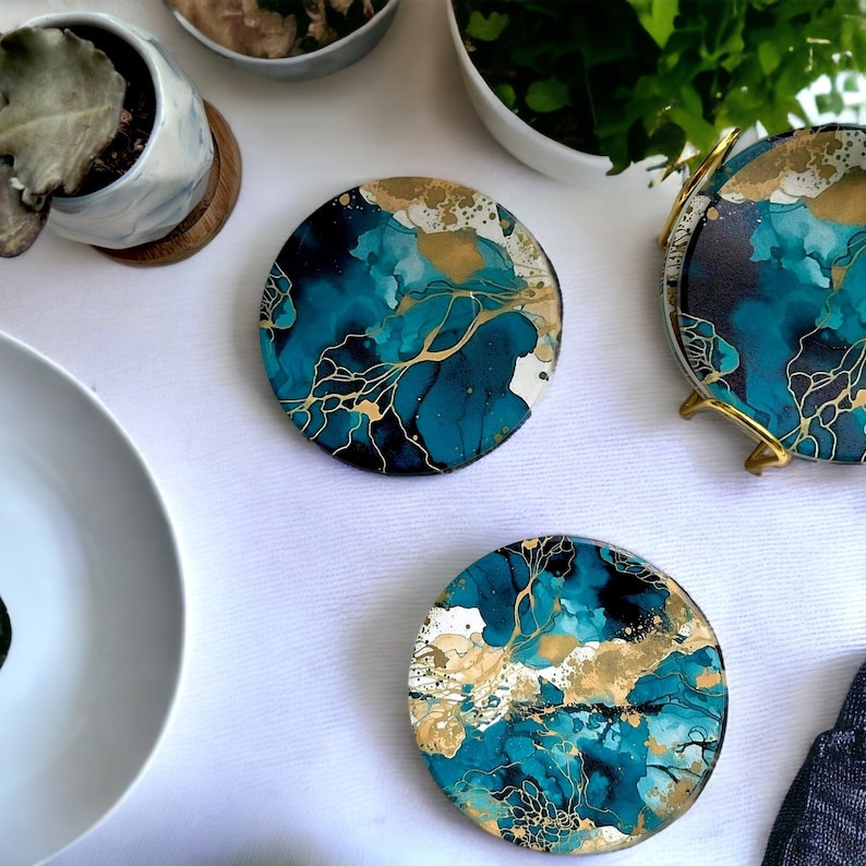 Jeu de 6 sous-verres en céramique avec support, sous-verres en marbre absorbant, sous-verres imprimés à la peinture acrylique bleu sarcelle avec support et sous-verres à base de liège image 1