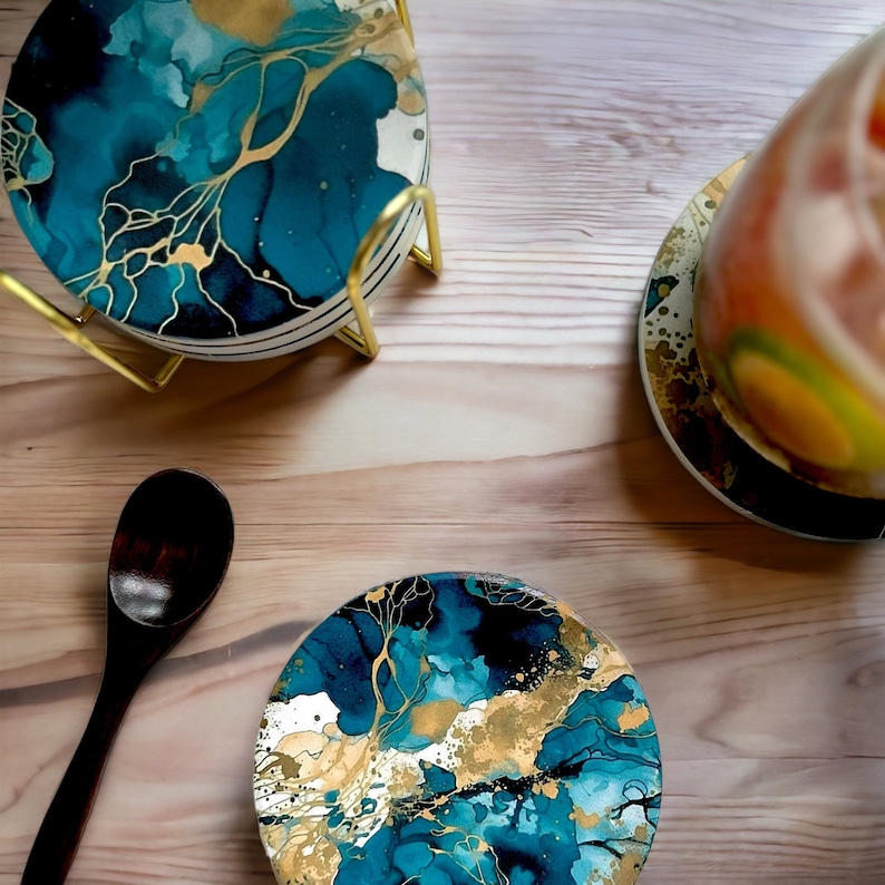 Jeu de 6 sous-verres en céramique avec support, sous-verres en marbre absorbant, sous-verres imprimés à la peinture acrylique bleu sarcelle avec support et sous-verres à base de liège image 3