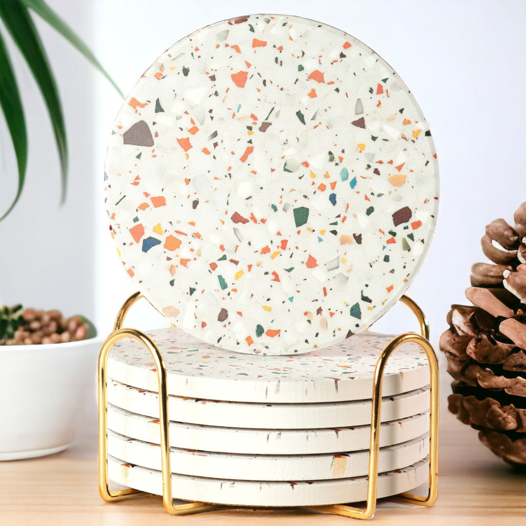 Terrazzo Coasters Set, Absorbent Terrazzo Printed Round Ceramic