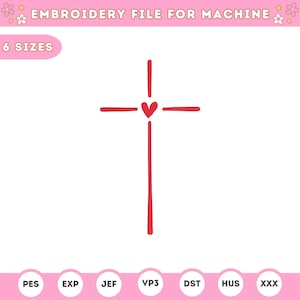 May include: Red cross with a red heart in the center. The cross is on a white background. The image is for embroidery machine files. The file formats are PES, EXP, JEF, VP3, DST, HUS, and XXX.