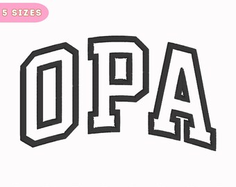 May include: Embroidery file for a machine to create the word "OPA" in a bold, blocky font style. The letters are outlined in black and filled in white.