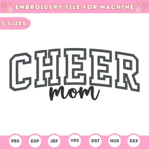May include: Embroidery design file for a machine embroidery project. The design features the text "CHEER mom" in a gray and white color scheme. The text is in a varsity style font.