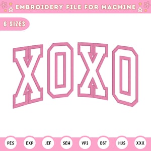 May include: Pink XOXO embroidery design for a machine embroidery file. The design is in a varsity style font.