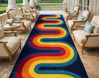 Handgetufteter Wollteppich aus Wolle in Regenbogenfarben - 70er Jahre Teppich für den Flur oder Eingangsbereich