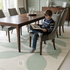 Hand Tufted Wool Rug Green Abstract Leaf Pattern Area Rug Modern Bedroom Living Room Carpet Handmade Luxury Soft Floor Rug 5x8, 7x10