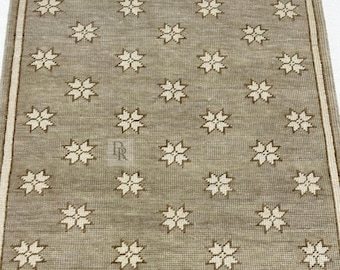 Tapis en laine marron noué à la main, taupe terreux à motifs d'étoiles, tapis en laine de Nouvelle-Zélande de qualité supérieure, tapis de luxe neutre pour le salon, 8 x 10 pi
