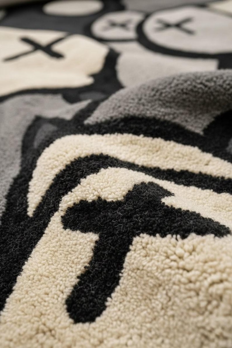 KAWS Stil Abstrakter Teppich 200x300 Moderner Cartoon Teppich, Schwarz Grau Weißer Teppich, Einzigartiger Teppich Bild 4
