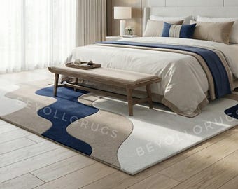 Modern Abstract Hand Tufted Wool Rug - Blue & Beige Luxury Large Area Rug for Bedroom Custom Size Handmade Minimalist Aesthetic Floor Decor