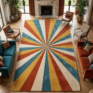 Luxury Handmade Wool Sunburst Rug – Modern Abstract Colorful Radial Design, Premium Statement Area Rug 8x10 9x12 Custom Size