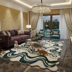 Könnte beinhalten: Ein luxuriöses Wohnzimmer mit einem pflaumenfarbenen Sofa, türkisfarbenen Sesseln und einem einzigartigen Teppich mit einem fließenden, abstrakten Design in Grün-, Blau- und Weißtönen. Ein Kristall-Kronleuchter hängt darüber, und zwei Babys spielen mit einer Katze auf dem Teppich.