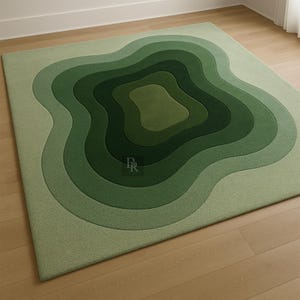 Modern Neutral Floor Carpet) Green Topographic Rug–Abstract Layered Contour Carpet Nature-Inspired Earth Tone Rug |Floor Mat for Living Room