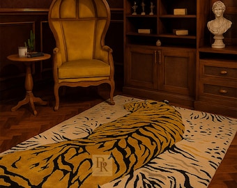 Alfombra de tigre tibetano, tejida a mano en lana, con forma de animal, grande, dorada y negra, tamaño personalizado, decoración para sala de estar, dormitorio exótico, 8x10, 9x12, 10x14