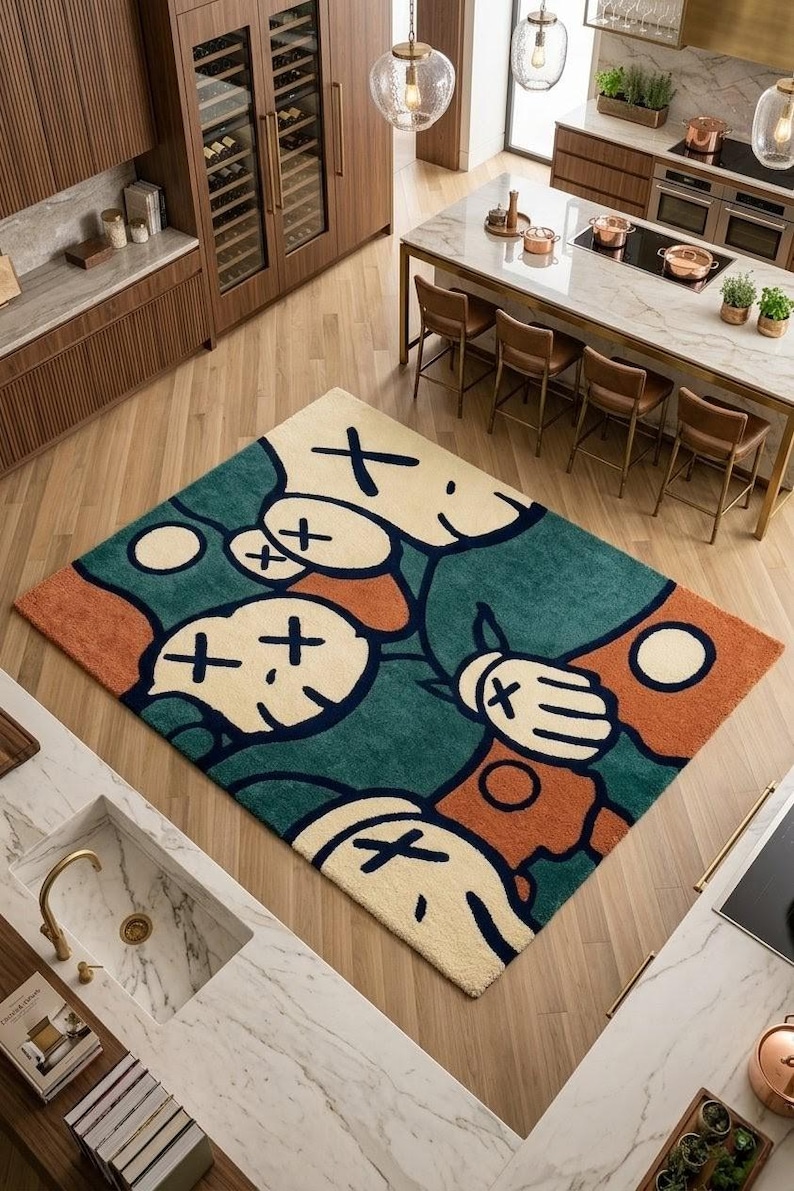 Abstract hand tufted KAWS inspired rug with bold cartoon faces in green, cream, orange and navy tones, luxury modern plush area rug for living room bedroom decor