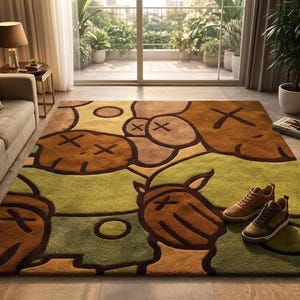 Pode incluir: Um tapete retangular grande com um design abstrato colorido. O tapete apresenta formas castanhas, verdes e amarelas com motivos distintos de 'X' e c&iacute;rculos. Dois pares de t&ecirc;nis castanhos est&atilde;o colocados no tapete, sugerindo uma sala de estar.