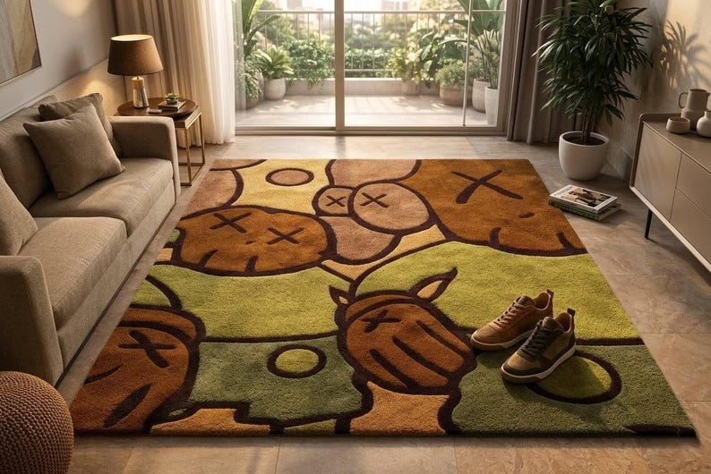 Pode incluir: Um tapete retangular grande com um design abstrato colorido. O tapete apresenta formas castanhas, verdes e amarelas com motivos distintos de 'X' e c&iacute;rculos. Dois pares de t&ecirc;nis castanhos est&atilde;o colocados no tapete, sugerindo uma sala de estar.