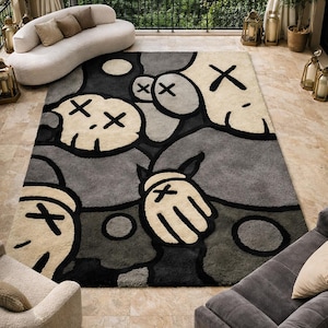 KAWS Stil Abstrakter Teppich 200x300 Moderner Cartoon Teppich, Schwarz Grau Weißer Teppich, Einzigartiger Teppich Bild 2