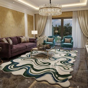 Könnte beinhalten: Ein Wohnzimmer mit einem lila Sofa, zwei türkisfarbenen Sesseln und einem gemusterten Teppich. Der Teppich hat ein fließendes Design in Grün-, Blau- und Grautönen auf weißem Hintergrund. Ein Glastisch und ein Kristall-Kronleuchter vervollständigen die Einrichtung.