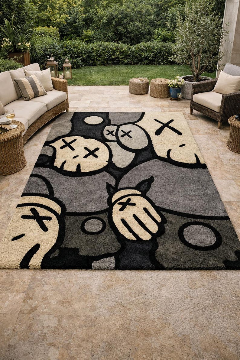 KAWS Stil Abstrakter Teppich 200x300 Moderner Cartoon Teppich, Schwarz Grau Weißer Teppich, Einzigartiger Teppich Bild 7