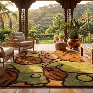 Pode incluir: Um espa&ccedil;o de conviv&ecirc;ncia ao ar livre com um tapete colorido com formas abstratas em tons de castanho, verde e amarelo. Duas poltronas de vime e um sof&aacute; com almofadas bege est&atilde;o dispostos sobre um piso ladrilhado. Uma mesa de centro e plantas em vasos completam a cena.