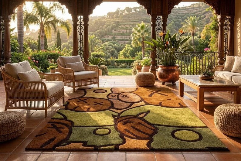 Pode incluir: Um espa&ccedil;o de conviv&ecirc;ncia ao ar livre com um tapete colorido com formas abstratas em tons de castanho, verde e amarelo. Duas poltronas de vime e um sof&aacute; com almofadas bege est&atilde;o dispostos sobre um piso ladrilhado. Uma mesa de centro e plantas em vasos completam a cena.