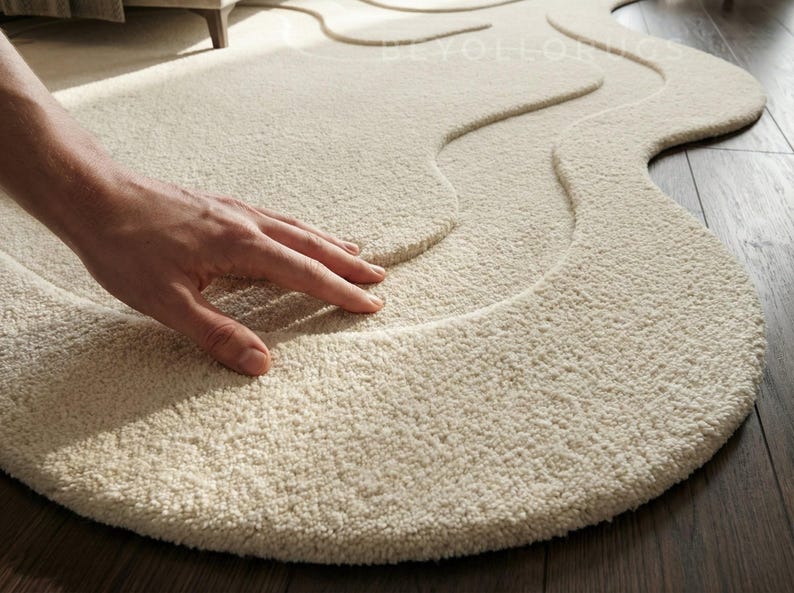 Irregular Shape Rug, Hand Tufted Cream Wool Rug, Modern Abstract Area ...