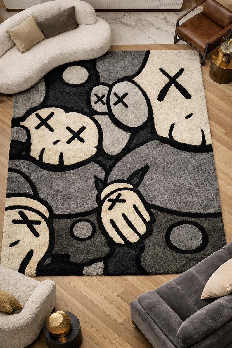 KAWS Stil Abstrakter Teppich 200x300 Moderner Cartoon Teppich, Schwarz Grau Weißer Teppich, Einzigartiger Teppich Bild 3