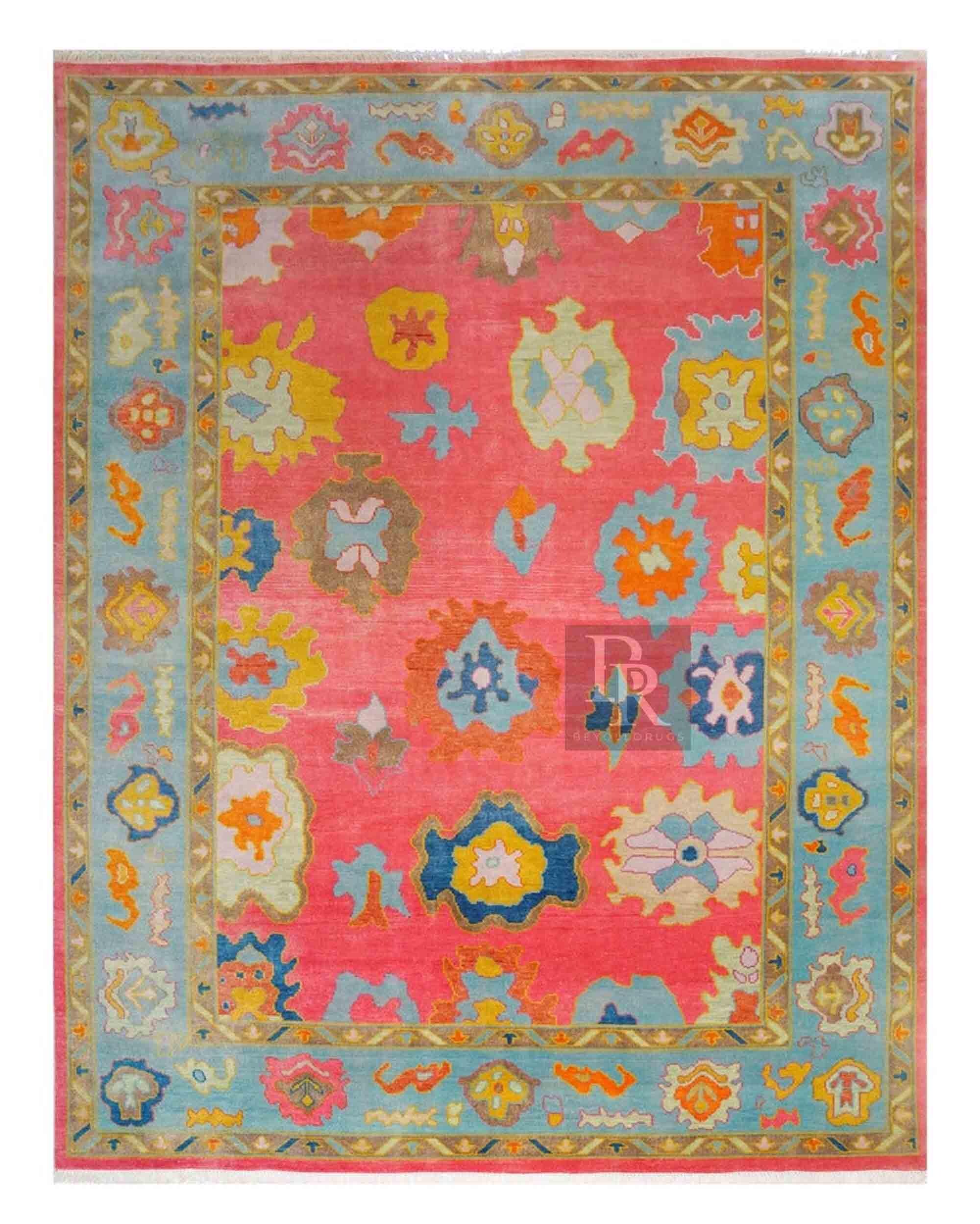 Pushak Rug Luxury Hand Knotted Oushak Rug Coral Pink Blue Floral Vintage Turkish ...