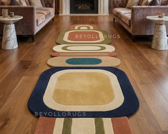 Modern Bauhaus Abstract Runner Hand-Tufted Wool Rug Orange Blue Yellow Hallway Entryway Decor Custom Size Long Runner 2.5x8 2.5x10 2.5x12 Ft