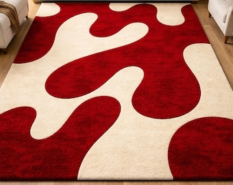 Modern Abstract Red Cream Wool Area Rug Hand Tufted Living Room Carpet 5x8