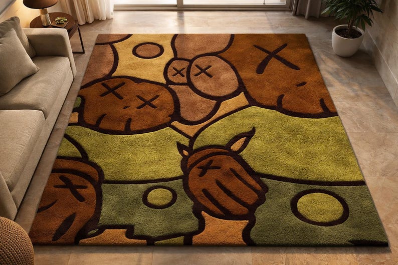 Novidade para você: Tapete Kaws Style com estampa abstrata em blocos de cores, feito de lã, nos tamanhos 2,13 x 3,05 m e 2,74 x 3,66 m. Tapete de luxo tufado à mão com arte moderna | Decoração marcante para sua casa. imagem 4