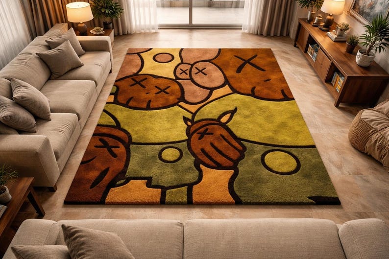 abstract color block wool rug hand tufted modern carpet mustard blush black ivory rust tones luxury area rug for living room bedroom contemporary designer statement decor piece