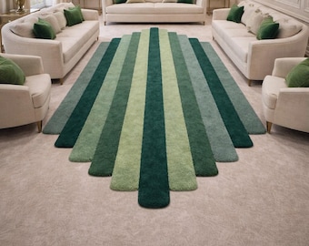 Alfombra de lana hecha a mano • Rayas, borde festoneado, diseño contemporáneo