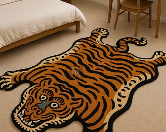 Alfombra de tigre hecha a mano, lana de Nueva Zelanda, con estampado animal