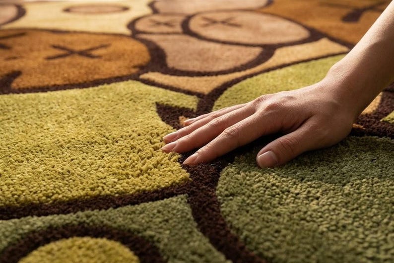 Novidade para você: Tapete Kaws Style com estampa abstrata em blocos de cores, feito de lã, nos tamanhos 2,13 x 3,05 m e 2,74 x 3,66 m. Tapete de luxo tufado à mão com arte moderna | Decoração marcante para sua casa. imagem 2