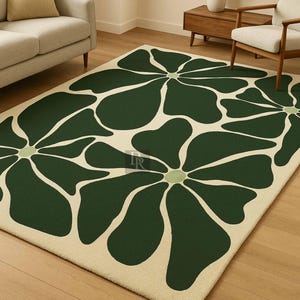 Luxury Modern Floral Green Rug – Hand-Tufted Cream & Dark Green Wool Carpet | Botanical Pattern Area Rug | Minimalist Nature-Inspired Floor