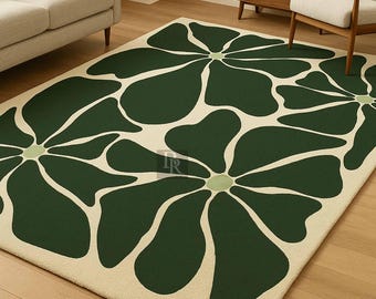 Green Abstract Floral Wool Rug Hand Tufted Modern Botanical Cream Luxury Plush Living Room Carpet 8x10 9x12 Custom Size Decor