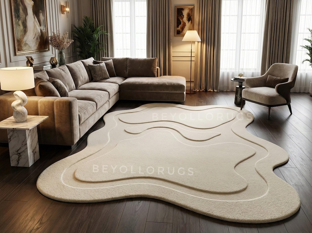 Irregular Shape Rug, Hand Tufted Cream Wool Rug, Modern Abstract Area ...