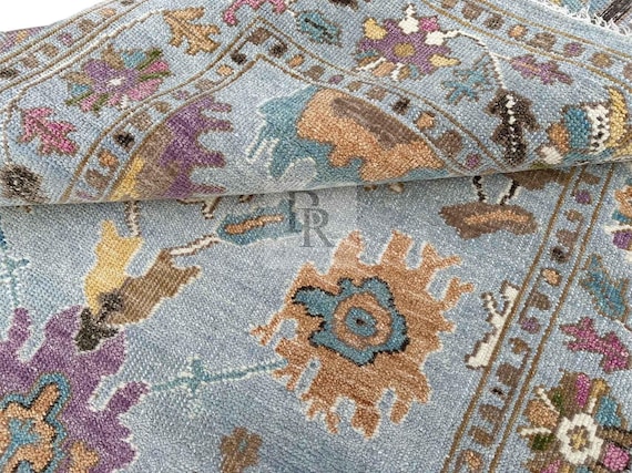 Hand Knotted Rug New Zealand Wool Area Rug - Luxury Blue Gold Oushak Carpet, Bespoke Abstract Floral Heirloom for Designer Interiors