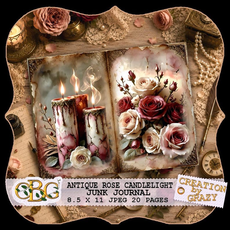 May include: An open junk journal titled Antique Rose Candlelight Junk Journal 8.5 x 11 JPEG 20 Pages. The left page features three lit candles with melting wax and a rose, while the right page displays a bouquet of pink and red roses.