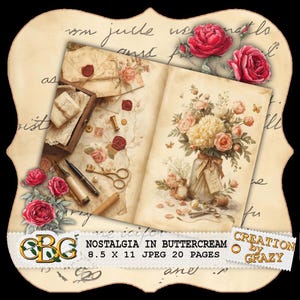 K&ouml;nnte beinhalten: Ein Buch im Vintage-Stil mit floralen Illustrationen und dekorativen Elementen. Die Seiten zeigen Rosen, Schmetterlinge und eine Holzkiste mit N&auml;hutensilien. Der Text lautet "Nostalgia in Buttercream" und die Ma&szlig;e sind 21,59 x 27,94 cm.