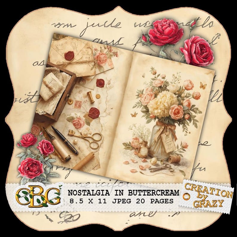 K&ouml;nnte beinhalten: Ein Buch im Vintage-Stil mit floralen Illustrationen und dekorativen Elementen. Die Seiten zeigen Rosen, Schmetterlinge und eine Holzkiste mit N&auml;hutensilien. Der Text lautet "Nostalgia in Buttercream" und die Ma&szlig;e sind 21,59 x 27,94 cm.