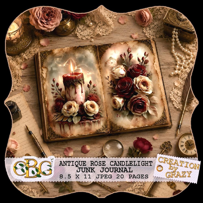 May include: An open junk journal featuring illustrations of a lit candle and red and white roses on its pages. The text reads ANTIQUE ROSE CANDLELIGHT JUNK JOURNAL 8.5 X 11 JPEG 20 PAGES and CREATION by GRAZY. Includes a fountain pen and clock.