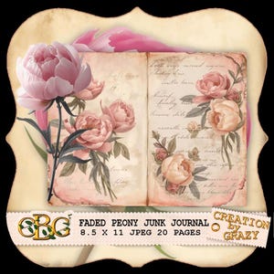 May include: A vintage-style junk journal with faded pink peony illustrations. The open pages feature floral arrangements and handwritten script. The journal is 21.59 x 27.94 cm and has 20 pages. The overall color palette is soft pink and cream.