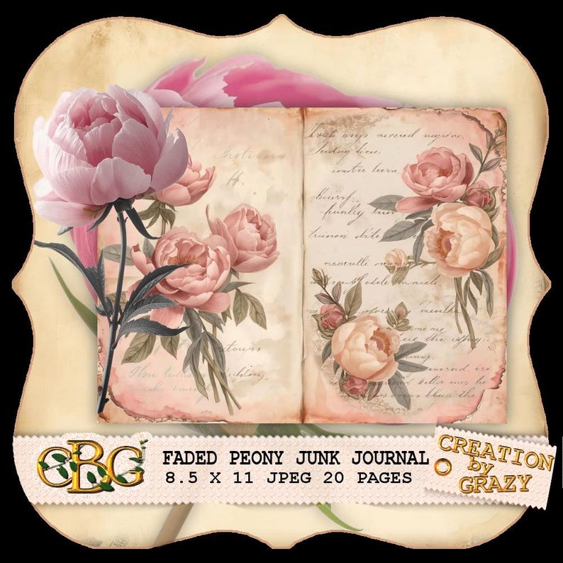 May include: A vintage-style junk journal with faded pink peony illustrations. The open pages feature floral arrangements and handwritten script. The journal is 21.59 x 27.94 cm and has 20 pages. The overall color palette is soft pink and cream.