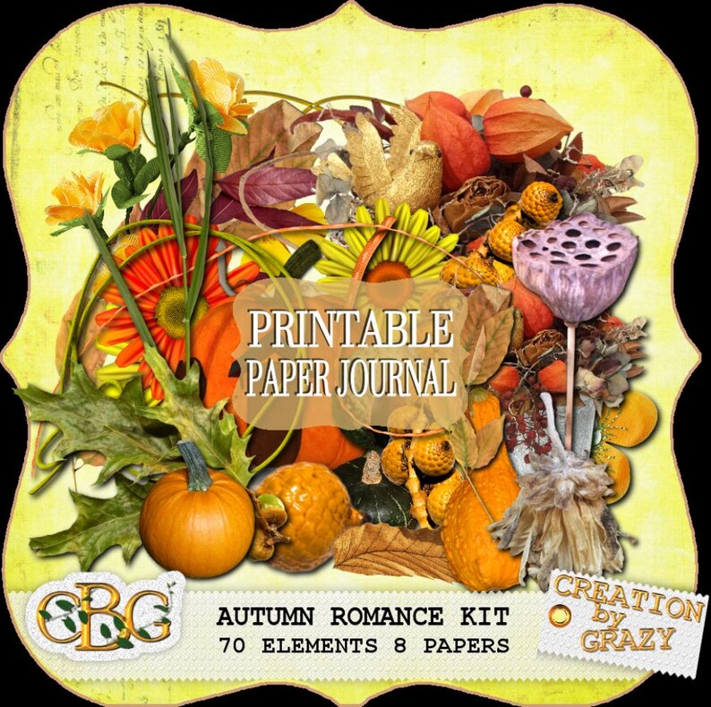 Może przedstawiać: Cyfrowa kompozycja artystyczna z elementami jesieni. Obraz zawiera dynie, kwiaty i liście, z tekstem "Printable Paper Journal" i "Autumn Romance Kit". Paleta kolor&oacute;w jest ciepła, z pomarańczami, ż&oacute;łciami i brązami, oddając klimat jesieni.
