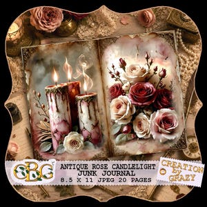 May include: An open junk journal titled Antique Rose Candlelight Junk Journal 8.5 x 11 JPEG 20 Pages. The left page features three lit candles with melting wax and smoke, while the right page displays a bouquet of pink and red roses.