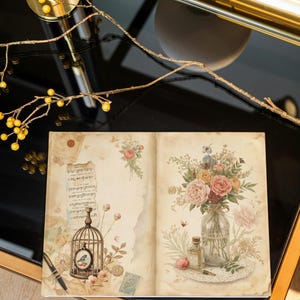 K&ouml;nnte beinhalten: Offenes Journal mit Vintage-Illustrationen. Eine Seite zeigt einen Vogelk&auml;fig und Noten, die andere einen Blumenstrau&szlig; in einer Glasvase. Sanfte Farben und ein romantisches Thema.