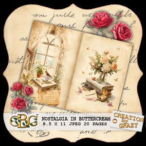 K&ouml;nnte beinhalten: Digitaler Kunstdruck mit dem Titel "Nostalgia in Buttercream" mit offenen Seiten mit Vintage-Illustrationen. Das Kunstwerk umfasst Rosen, eine Fensterszene und ein Blumenarrangement. Der Druck misst 21,6 x 27,9 cm.